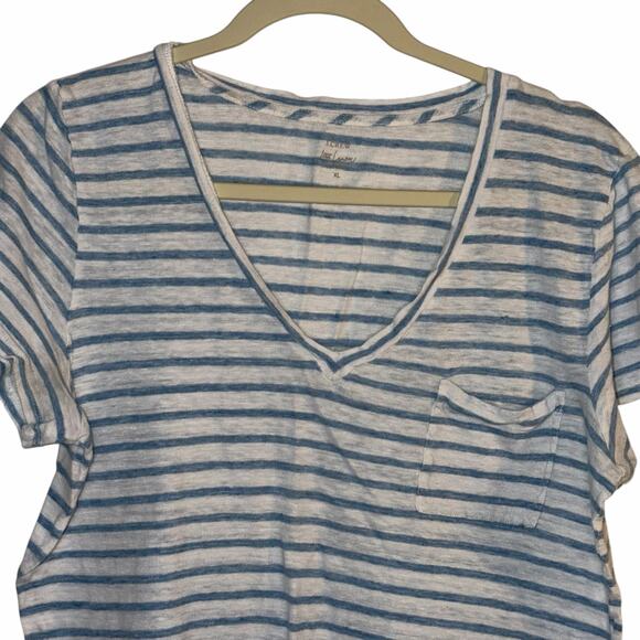 J.Crew 100% Linen Striped V-Neck Tee – Size XL – Light Blue & White - Picture 2 of 5